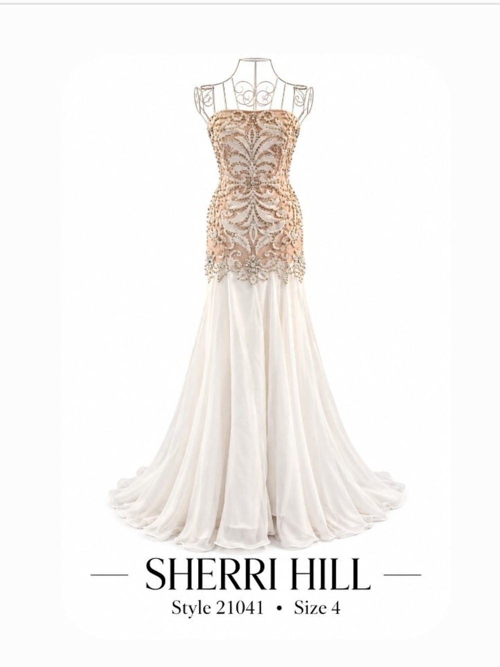 Sherri Hill Ivory and Gold Embellished Strapless Mermaid Gown